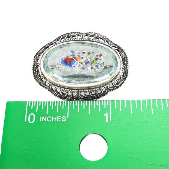 Czech Glass Reverse Carved Poured Glass Embedded Lampwork Brooch In Sterling - Picture 4 of 7